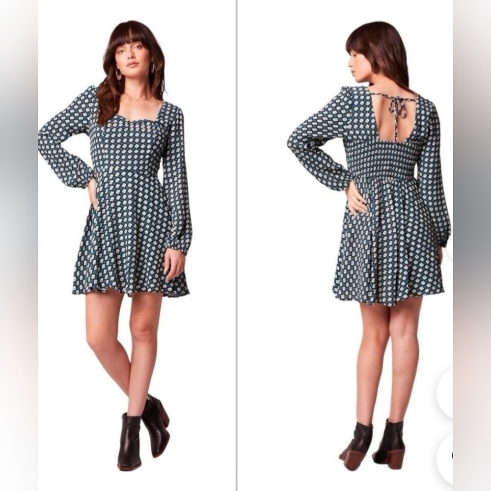 Band of The Free Genevieve Teal Diamond Long Sleeve Mini Dress Women's Medium